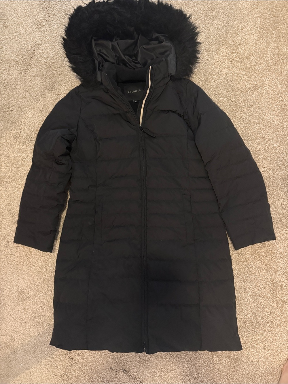 Talbots Black Long Hooded Puffer Coat with Faux-Fur Trim